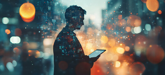 Silhouette of a businessman immersed in digital cityscapes, reflecting data streams and networked information via a tablet interface