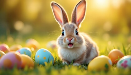 Adorable Easter Bunny with Colorful Eggs in Spring Grass