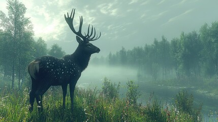 Majestic stag standing in serene misty forest landscape near tranquil water body at dawn