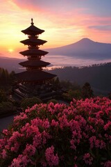 Obraz premium Serene sunset over a traditional pagoda surrounded by blooming flowers and distant mountains