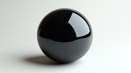 Glossy black sphere on a smooth surface, reflecting light, with a minimalistic background