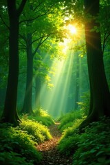 Fototapeta premium Soft sunlight filtering through the forest canopy, canopy, greenery, sunlight