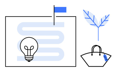 Light bulb lighting up a winding path on a map with a flag, adjacent to a blue leaf and a handbag with a tag. Ideal for innovation, journey, goals, environment, growth, shopping and ideas. Abstract