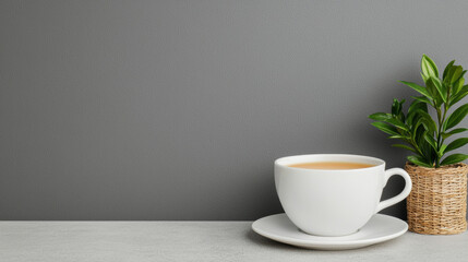 Obraz premium white tea cup filled with smooth liquid sits on saucer beside small potted plant, creating serene and inviting atmosphere