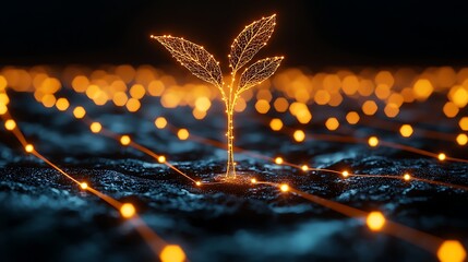 Glowing plant seedling in digital soil; futuristic growth.