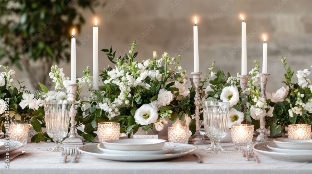 Aufkleber elegant festive dining table adorned with fresh flowers and glowing candles for a memorable gatherin