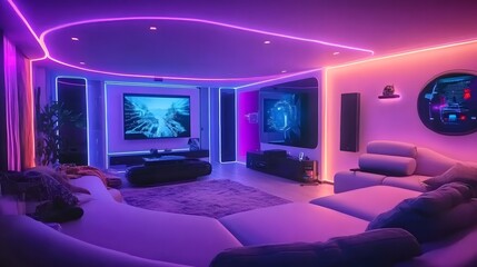 A futuristic living room with purple LED lighting, a white sofa, and a TV set in the corner of an advanced home interior design. The scene includes soft neon lights on the ceiling