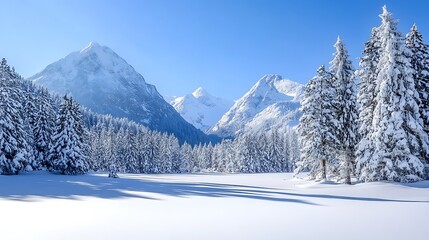 Snow covered alpine peaks and evergreens under a blue sky