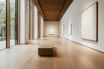 Obraz premium Modern art gallery showcasing minimalist artwork with natural light streaming in through large windows