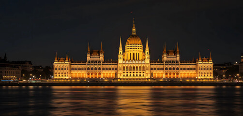 Fototapeta premium Generate a nighttime view of the Parliament Building in Budapest, with its intricate facade glowing against the dark sky and the Danube River reflecting the lights.