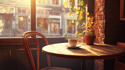 Sunny cafe, morning coffee, city view, autumn