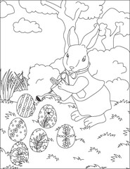 Coloring page vector Bunny watering in Easter egg 