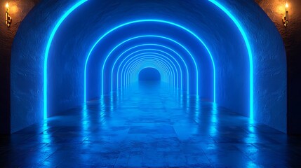 Obraz premium Neon tunnel, luminous arches, perspective view, use as background or wallpaper.