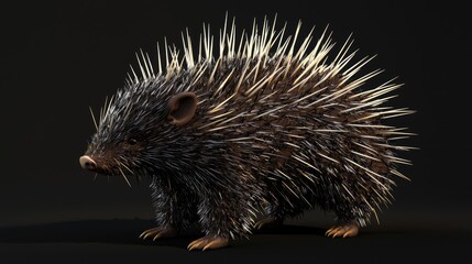 Realistic depiction of a porcupine showcasing its quills against a dark background