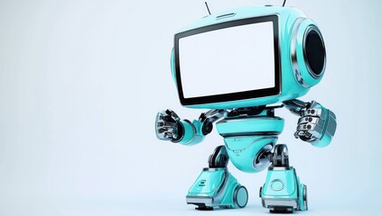 Fototapeta premium Small-sized robot presenting a blank screen from the right side, ideal for digital product ads, on a clean white backdrop.