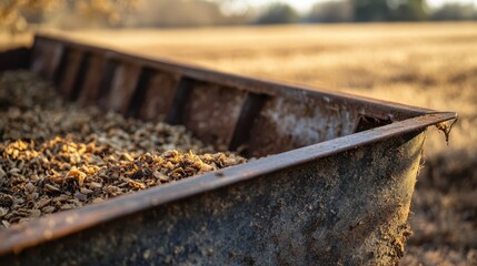 Close-up of a turkey feed trough on a farm, highlighting the feed shortage amidst a dry field