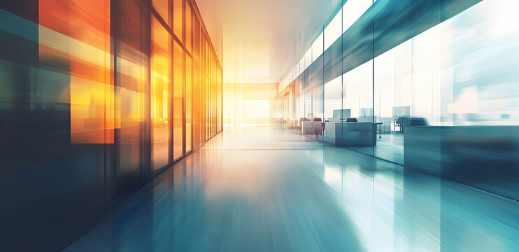 Dynamic perspective inside modern office space featuring glass partitions, polished floors and diffused sunlight creating a sense of movement and innovation