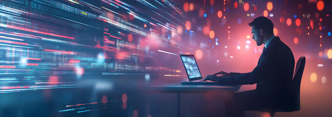 Innovative developer immersed in complex coding with futuristic data stream background, symbolizing advancement and digital transformation for technological progress