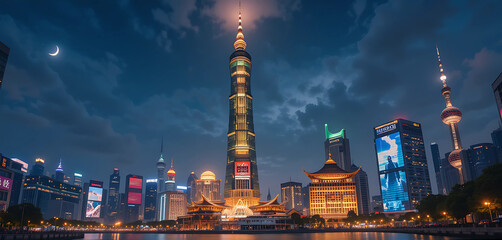 Obraz premium Illustrate the Jin Mao Tower in Shanghai at night, with its elegant structure glowing against the city's vibrant lights.