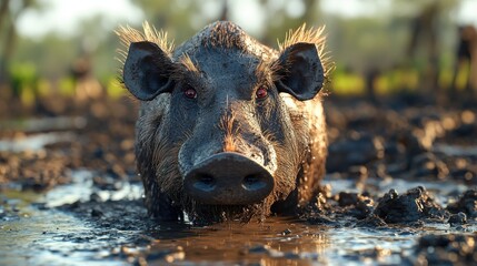 Close-up of a wild boar emerging from muddy water in a natural habitat during golden hour