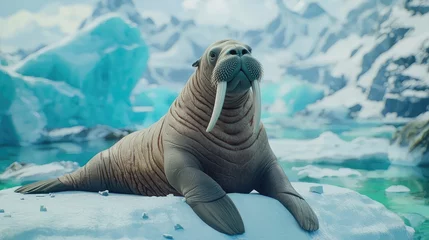 A majestic walrus resting on an ice floe in a serene Arctic landscape with mountains in the background