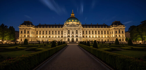 Obraz premium Depict Belvedere Palace in Vienna at night, with its Baroque architecture and gardens softly illuminated.