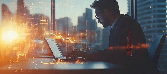 Modern financial analyst working late in a high-rise office, reviewing stock market trends and data analytics on a laptop with a cityscape backdrop