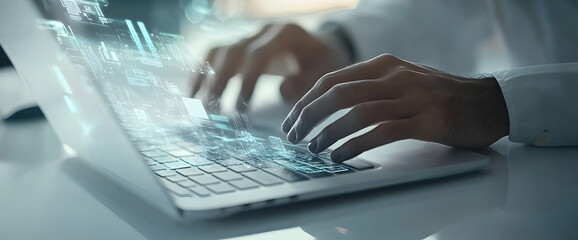 Fingers tracing the digital frontier, A symphony of hands, keys, and the ethereal glow of data streams merging human touch with binary brilliance