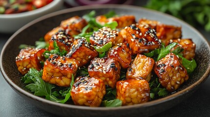 A delicious plate of crispy, glazed tofu cubes garnished with sesame seeds and fresh greens, highlighting a healthy and appetizing vegan dish on a dark background.