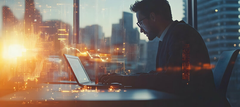 Modern financial analyst working late in a high-rise office, reviewing stock market trends and data analytics on a laptop with a cityscape backdrop - Powered by Adobe