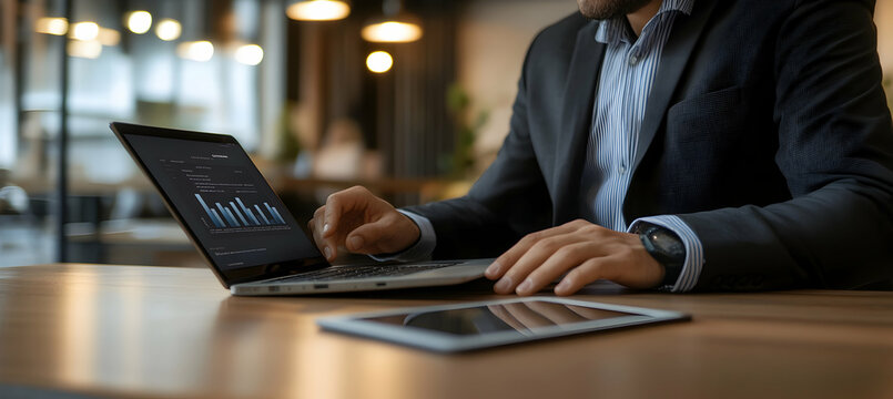 Executive analyzing graphical data on a laptop with digital tablet, showcasing strategic planning and data-driven decision-making in modern business