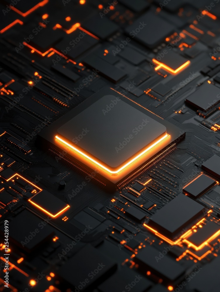 Poster Microchip technology displayed on a circuit board with glowing orange highlights in a dark setting. Generative AI