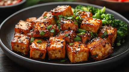 A delicious plate of crispy tofu cubes garnished with sesame seeds and fresh green onions, served with vibrant broccoli. Perfect for plant-based meals or healthy dining.