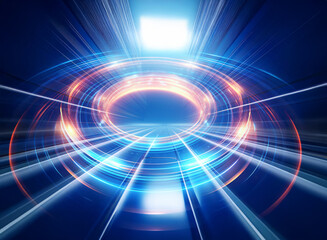 Abstract double exposure art with a blue and orange circular design and radiating light, evoking a futuristic tunnel effect with dynamic motion and bright energy.