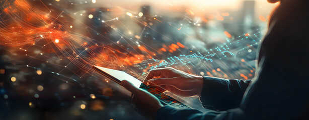 Connected future, A businessman analyzes digital trends and data using a tablet, with a vibrant cityscape and network visualization overlay