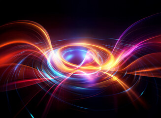 Vibrant, swirling light trails in vivid colors create a dynamic double exposure effect on a dark backdrop. Abstract, energetic forms illuminate the scene.