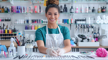 Smiling Nail Artist at Work: A cheerful female nail technician sits proudly at her well-organized workstation, surrounded by an array of colorful nail polishes and tools.