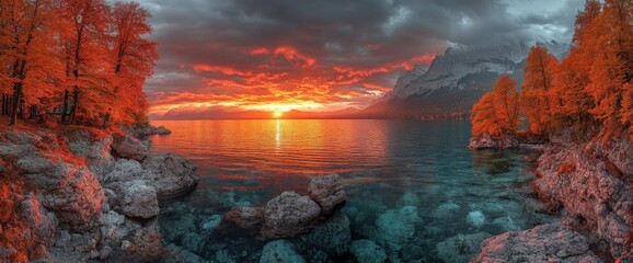 Fototapeta premium Dramatic Sunset Over Water With Colorful Trees