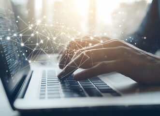 Innovative interface on a laptop with hands typing, symbolizes modern digital technology and connectivity for a dynamic online user experience
