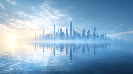 Obraz na płótnie Canvas Sunrise cityscape reflected in calm water; futuristic city skyline, ideal for website backgrounds.