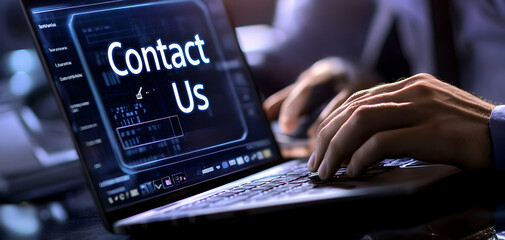 Engaging with customer service, Fingers type on laptop keyboard displaying ,Contact Us, prompt, facilitating seamless digital interaction and support