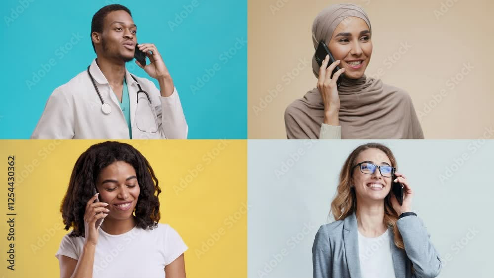 Poster four people of different backgrounds are talking on their phones, each positioned in a brightly colo