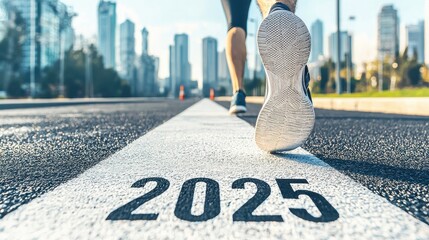 Runner on track with city skyline and the year 2025.