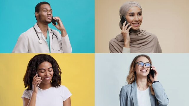 Four people of different backgrounds are talking on their phones, each positioned in a brightly colored quadrant. This setting captures a lively and engaging communication moment.