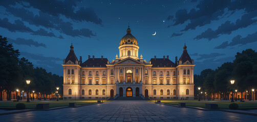 Obraz premium Illustrate the Royal Castle in Warsaw at night, with its grand facade and the surrounding square softly lit.