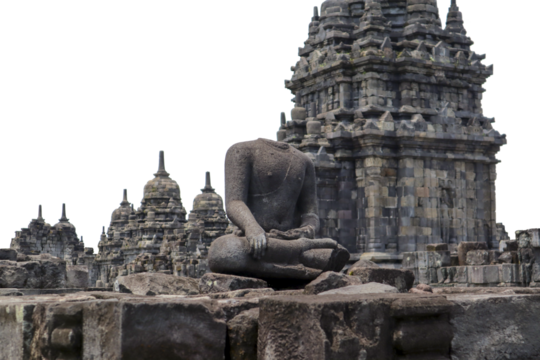 Headless Buddha statue isolated on a transparent background, set against the backdrop of Sewu Temple, highlighting its historical significance and artistic craftsmanship.