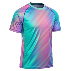 sport jersey design mockup, Holographic effect sport jersey with an iridescent gradient that shifts between teal, pink, and purple on white background