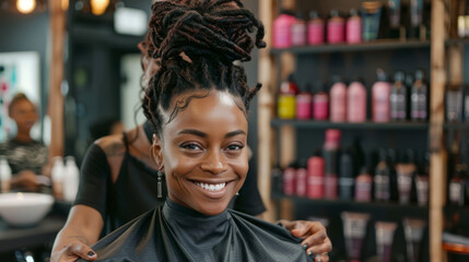 Smiling Woman Getting Dreadlocks: A young Black woman smiles radiantly as a stylist carefully tends to her large, voluminous dreadlocks in a modern hair salon. The atmosphere is relaxed and welcoming.
