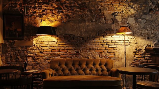 Cozy vintage cellar lounge, brick wall, lamps