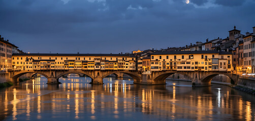 Obraz premium Create an image of the Ponte Vecchio in Florence at night, with the historic bridge and shops softly lit and reflected in the Arno River.